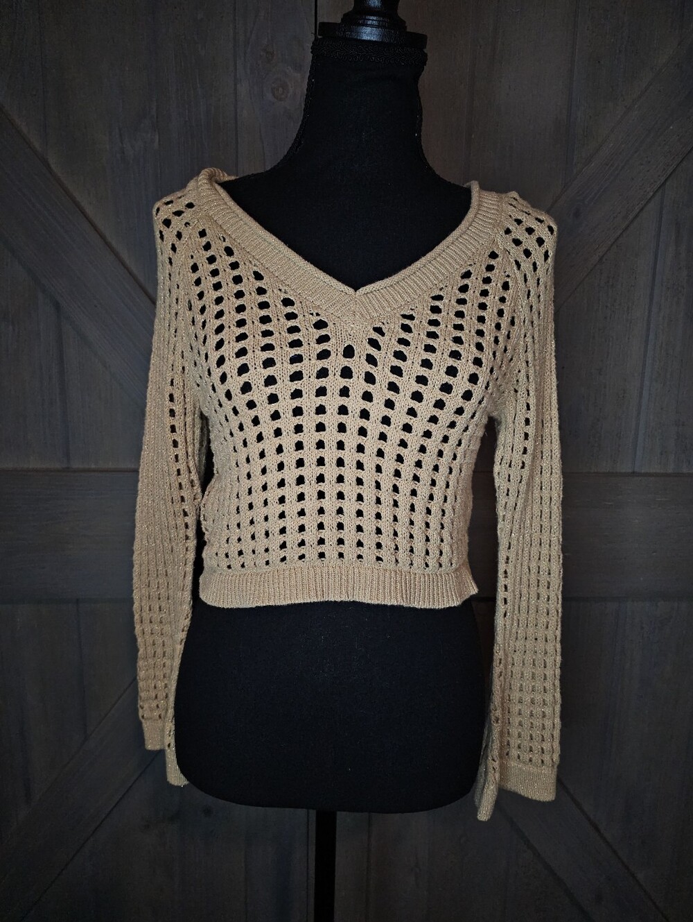 Wild Fable Women's Beige Open Knit Crochet Crop Sweater Size Small Boho V-Neck